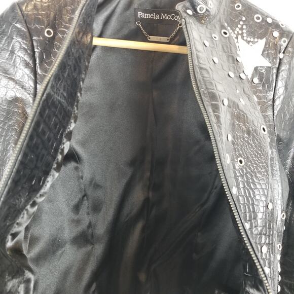 Pamela McCoy Croc Embossed Rhinestone Studded Black Leather Moto Jacket Size XS - Picture 9 of 11